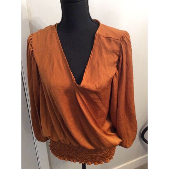Plus Size 1X V Neck Blouse Puffed Sleeves Elastic Bottom Gathering - Picture 1 of 4